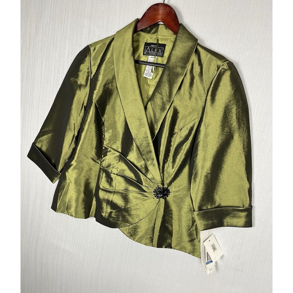 Alex Evenings Jacket Womens XL Petite Metallic Green Beaded Brooch‎ Y2K